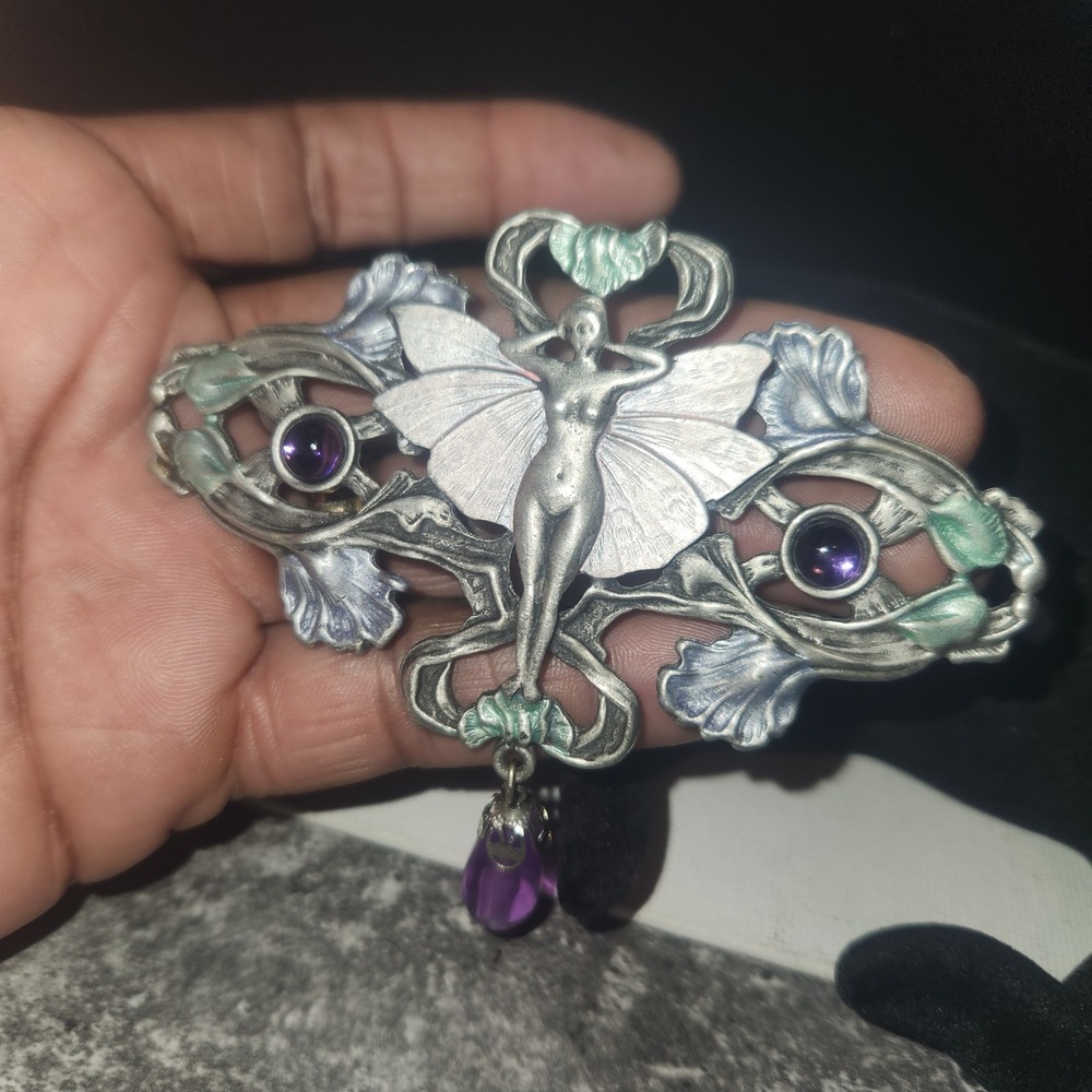 JJ Jonette Vintage Art Nouveau Fairy Brooch Pewter Enamel Purple Cabochon Pin